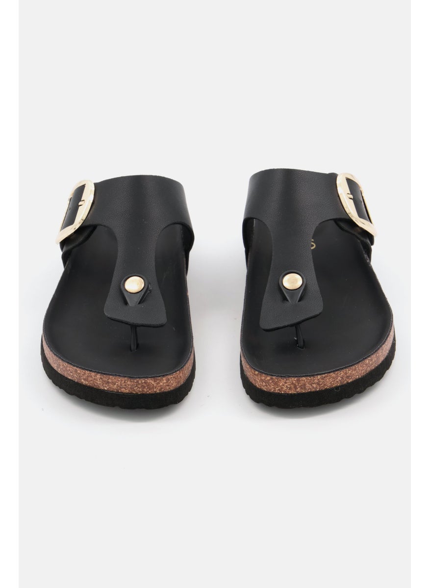 Women Big Buckle Slip On Slide Sandals, Black