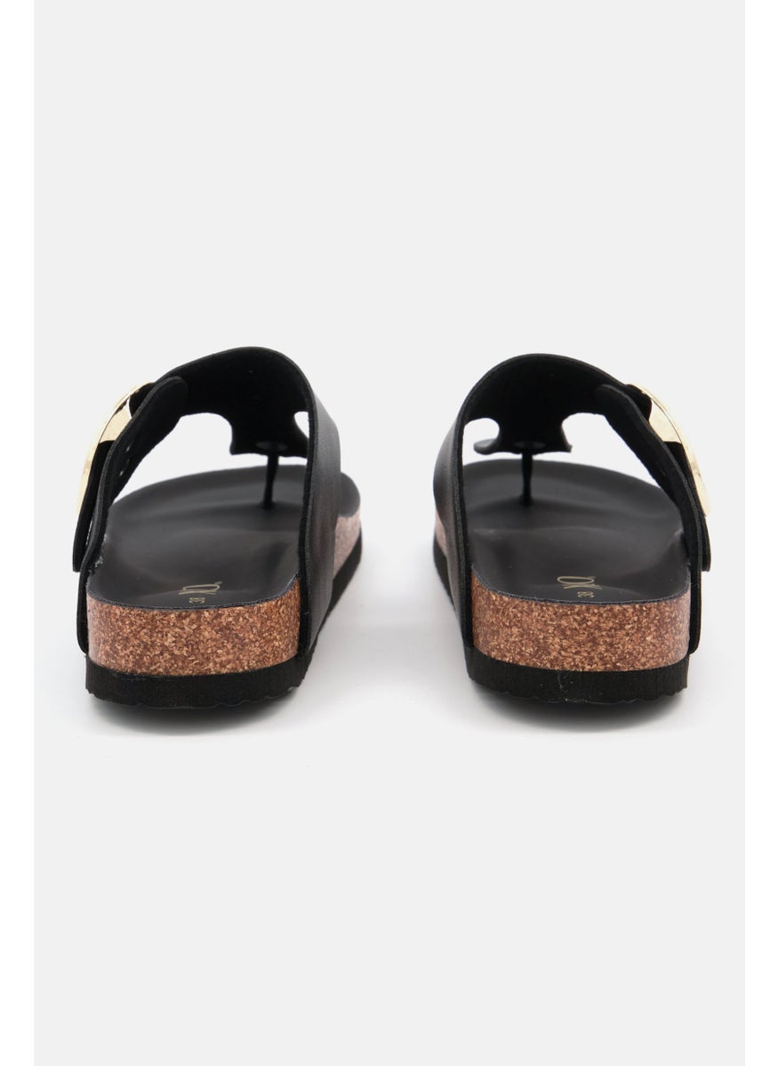 Women Big Buckle Slip On Slide Sandals, Black