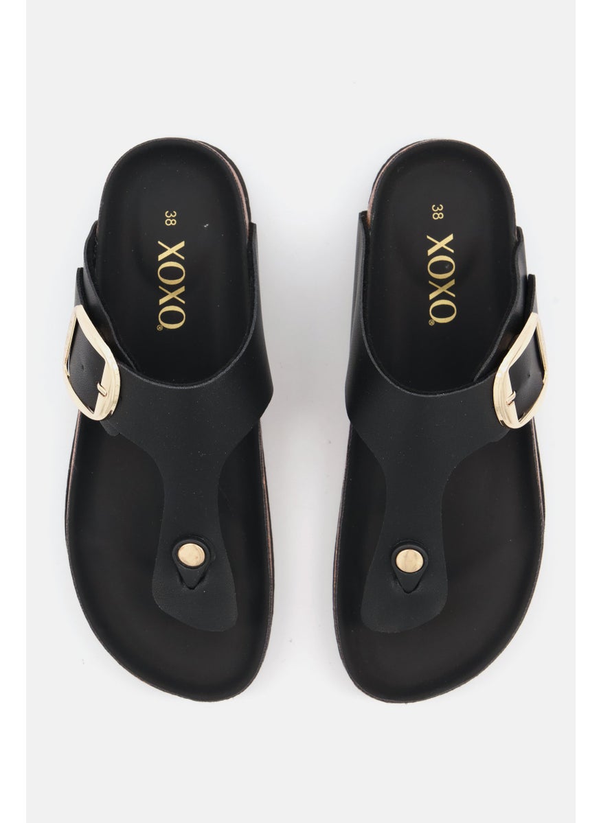 Women Big Buckle Slip On Slide Sandals, Black
