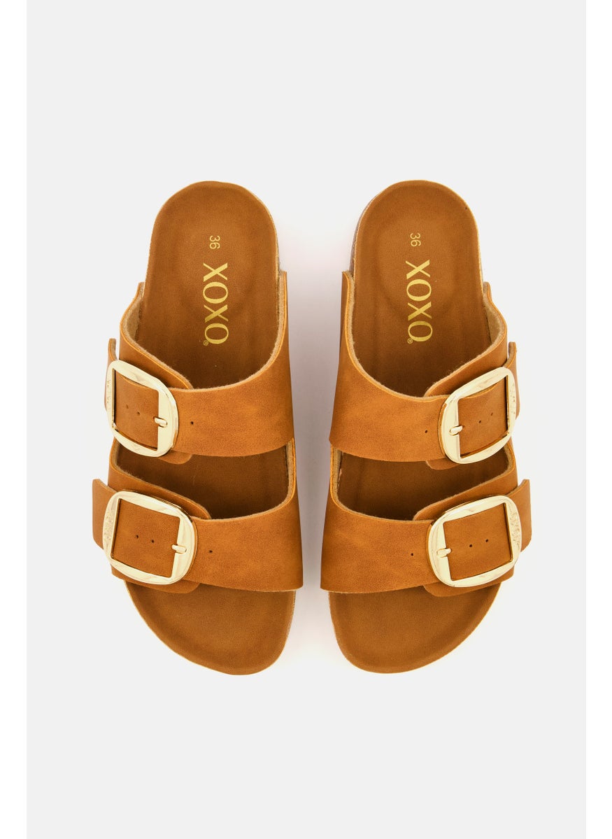 Women Big Buckle Slip On Slide Sandals, Tan