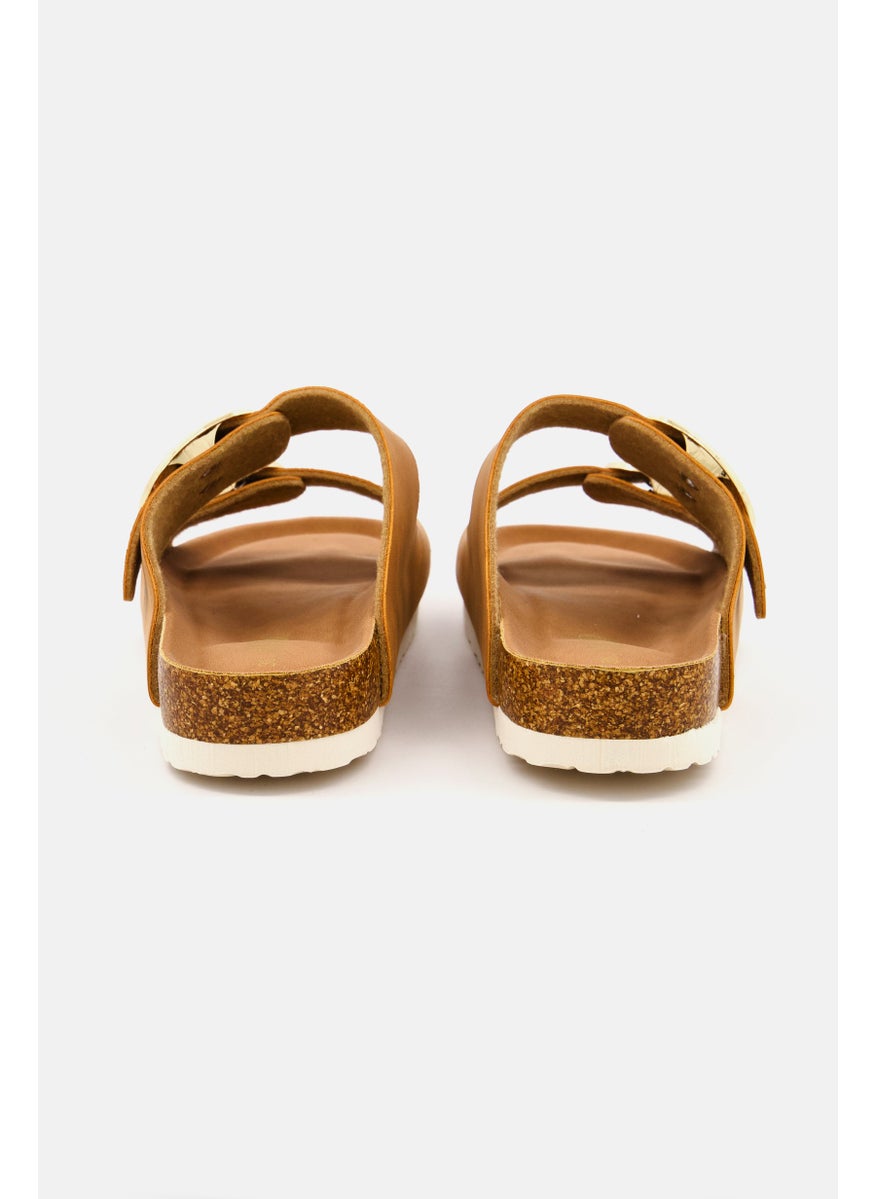 Women Big Buckle Slip On Slide Sandals, Tan
