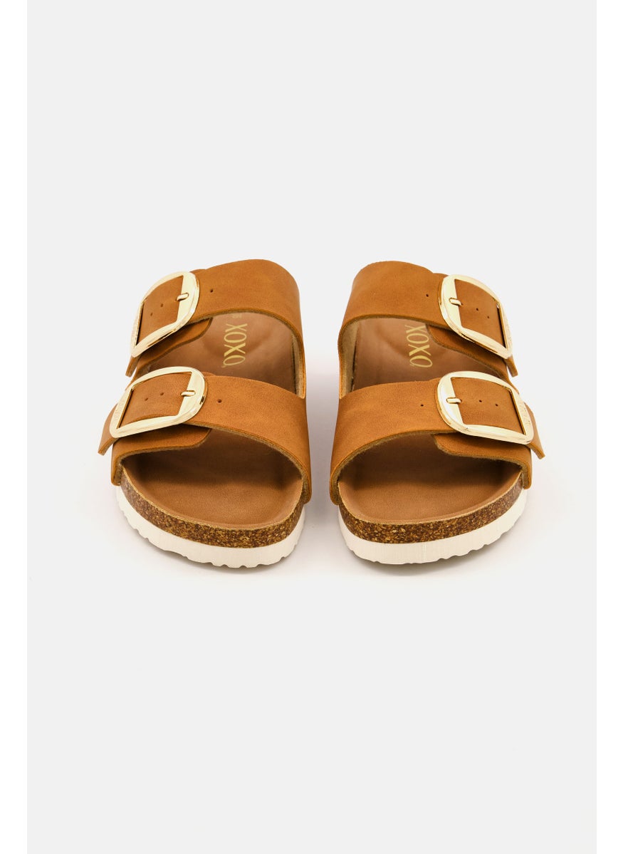 Women Big Buckle Slip On Slide Sandals, Tan