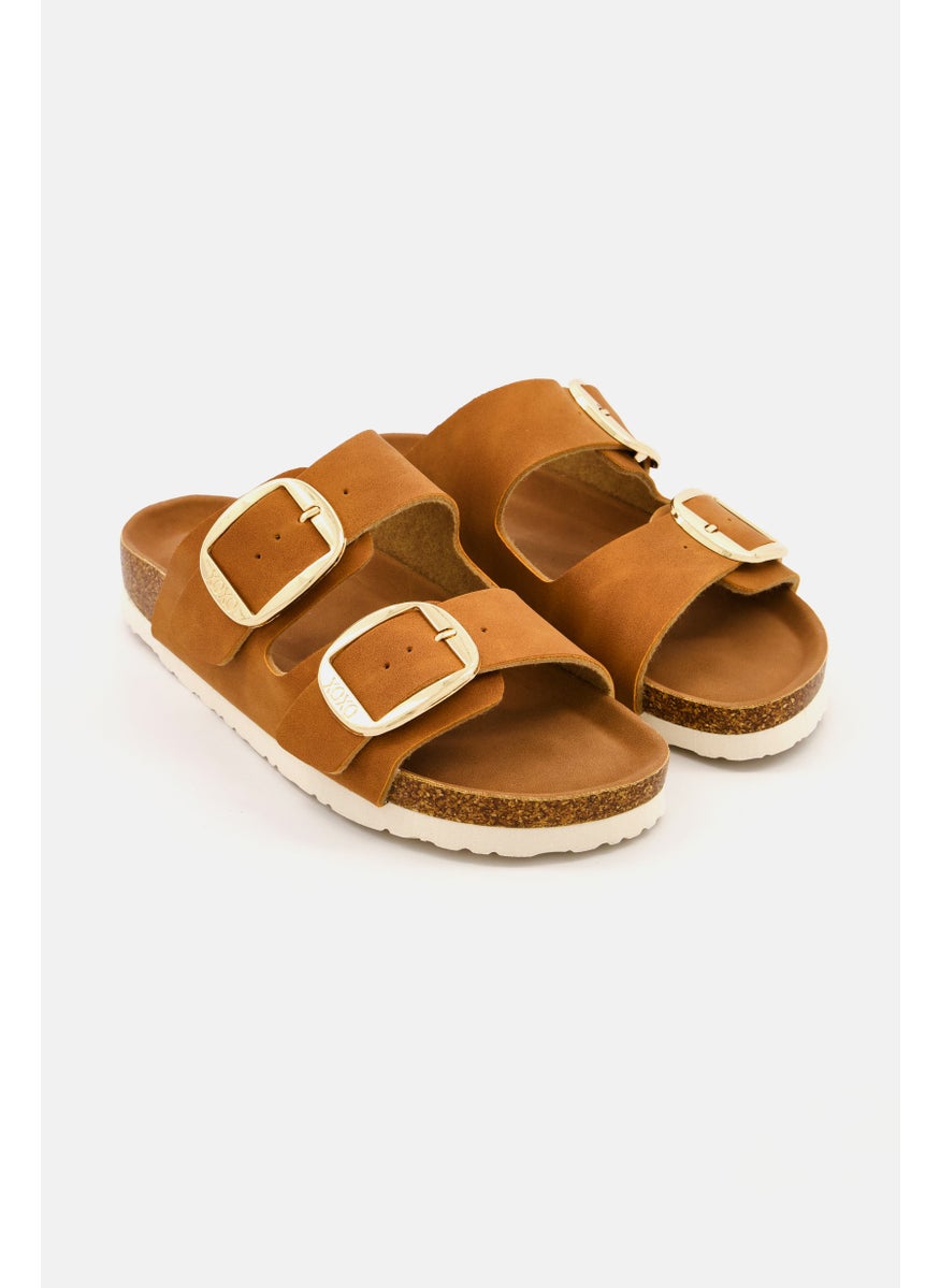 Women Big Buckle Slip On Slide Sandals, Tan