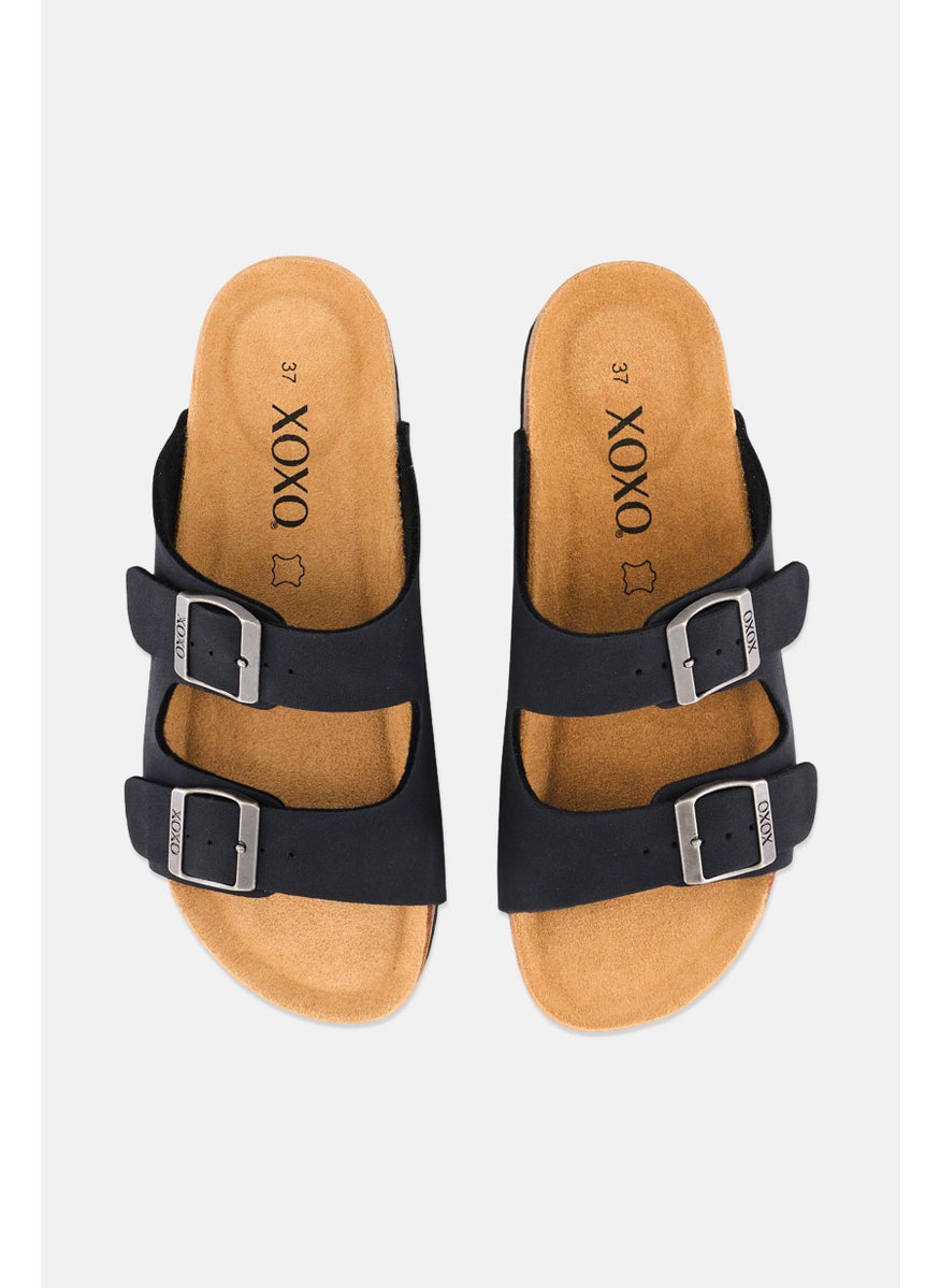 Women Slip On Leather Sandals, Black