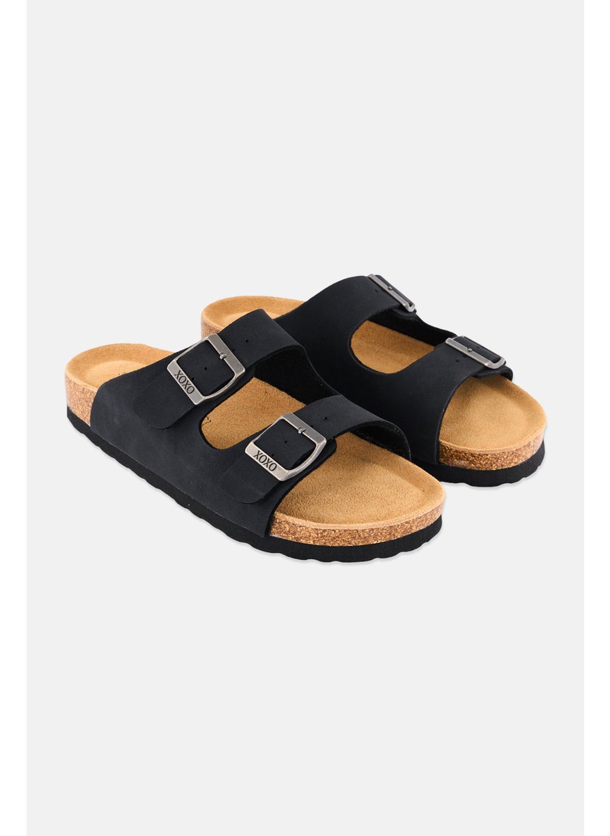 Women Slip On Leather Sandals, Black