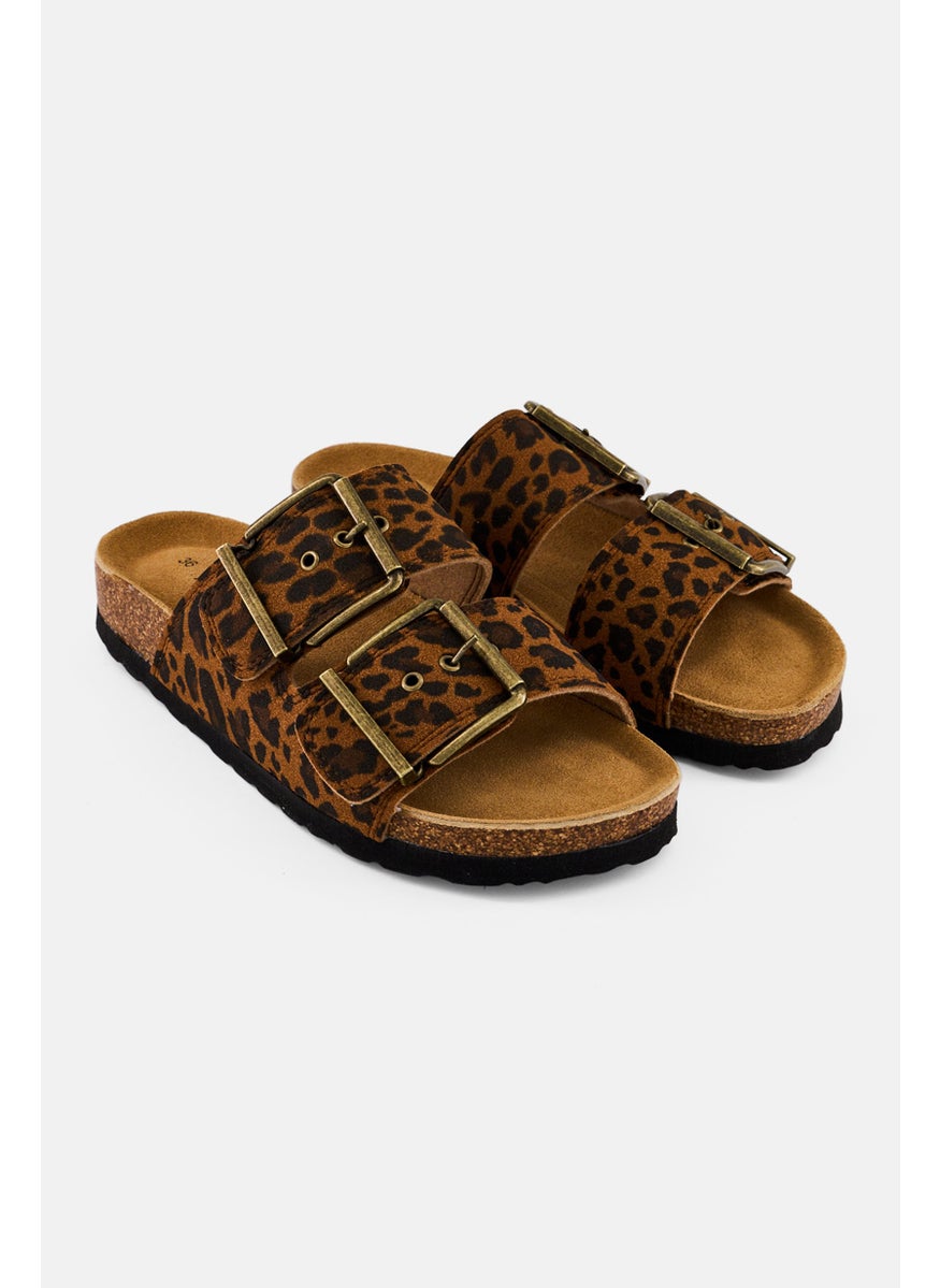 Women Slip On Animal Print Sandals, Brown