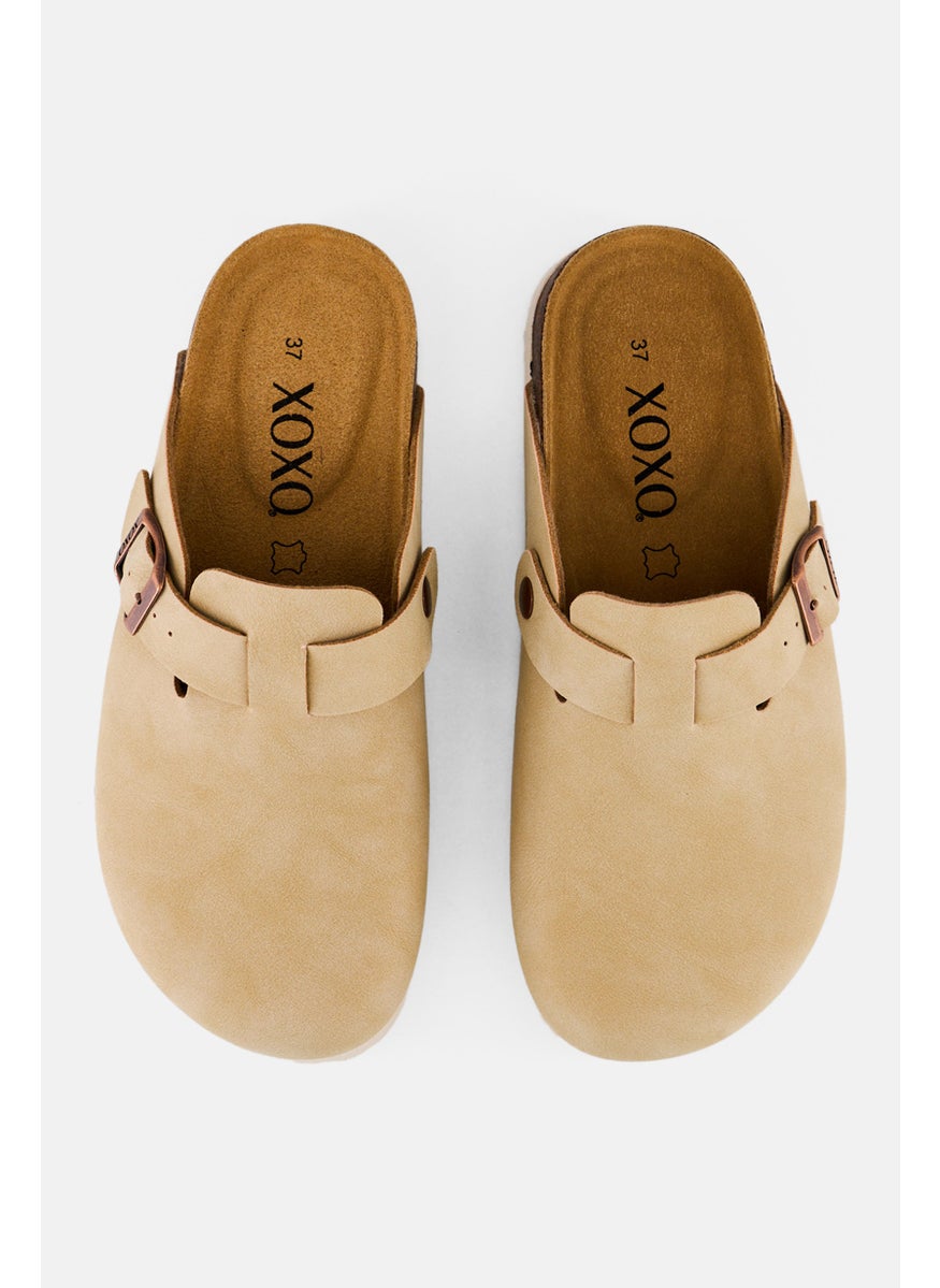 Women Leather Upper Slip On Clogs, Beige