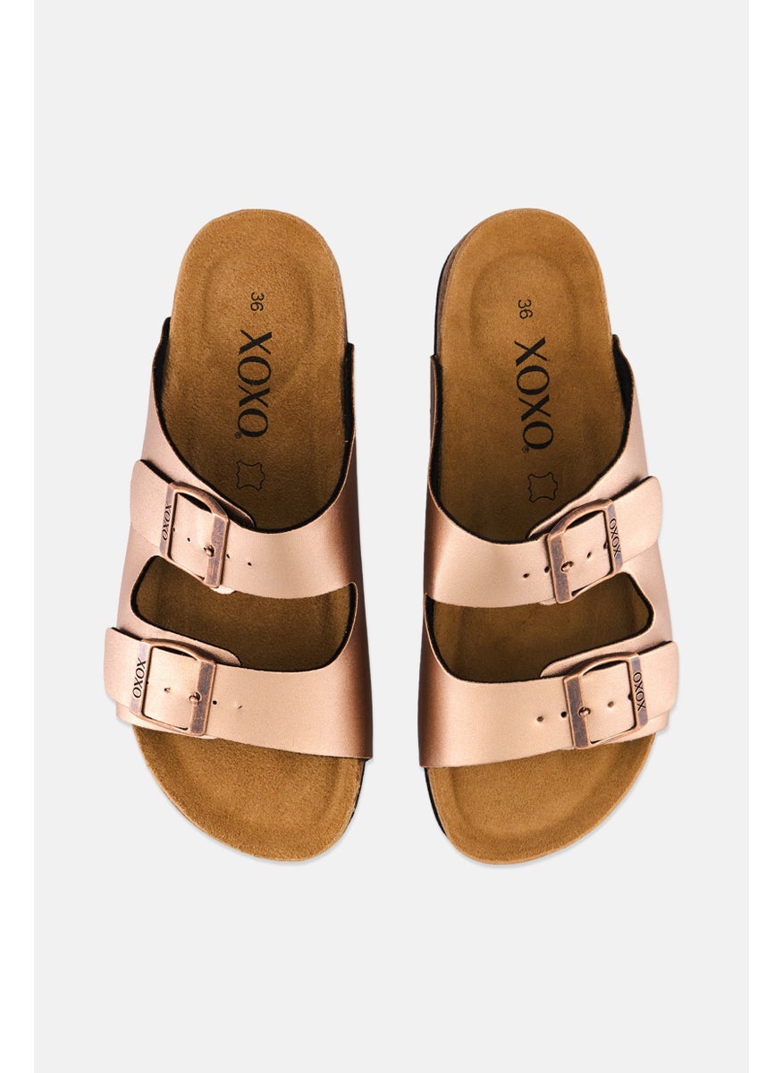Women Double Buckle Slip On Sandals, Rose Gold