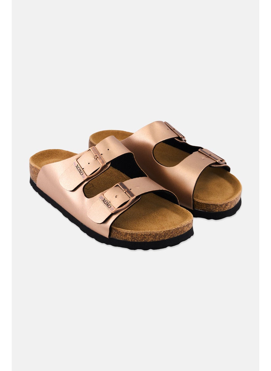 Women Double Buckle Slip On Sandals, Rose Gold