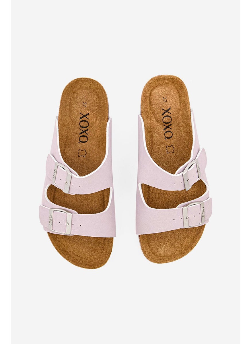 Women Double Buckle Slip On Cork Sandals, Lavender