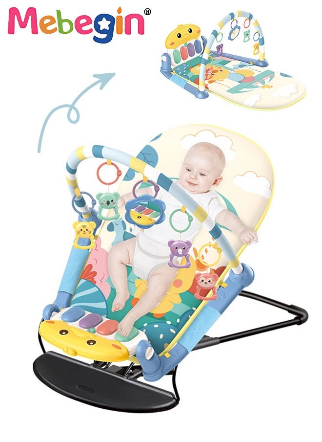 2 in 1 Baby Gym Play Mats and Rocking Chair, 53*73*44cm Baby Activity Mat, 50*81*61cm Multi-functional Baby Early Learning Chair with Detachable Toys, Soothing Baby Bouncer Chair, Musical Activity C