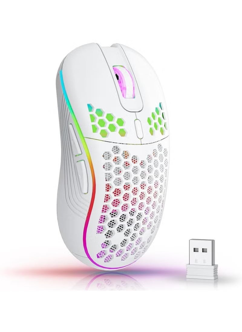 Wireless Mouse Wireless Gaming Mouse, Rechargeable Pc Mouse with RGB Backlight 6 Buttons Adjustable Lightweight Honeycomb Shell for Laptops, PC, Computers, Etc. (Wireless White)