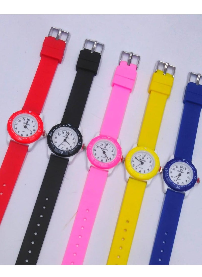 Kids Analog Watch Set with Silicone Strap, 5 Colours - Red, Black, Pink, Yellow, Blue