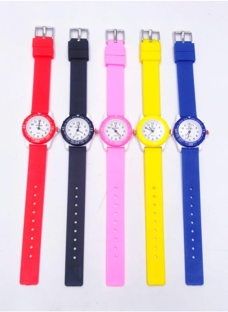 Kids Analog Watch Set with Silicone Strap, 5 Colours - Red, Black, Pink, Yellow, Blue