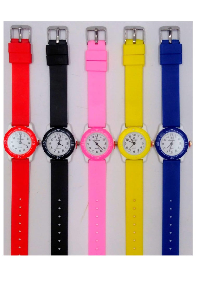 Kids Analog Watch Set with Silicone Strap, 5 Colours - Red, Black, Pink, Yellow, Blue