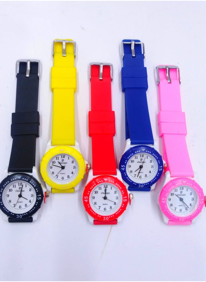 Kids Analog Watch Set with Silicone Strap, 5 Colours - Red, Black, Pink, Yellow, Blue