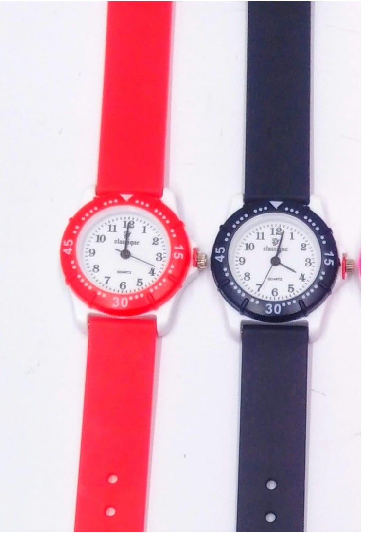 Kids Analog Watch Set with Silicone Strap, 5 Colours - Red, Black, Pink, Yellow, Blue