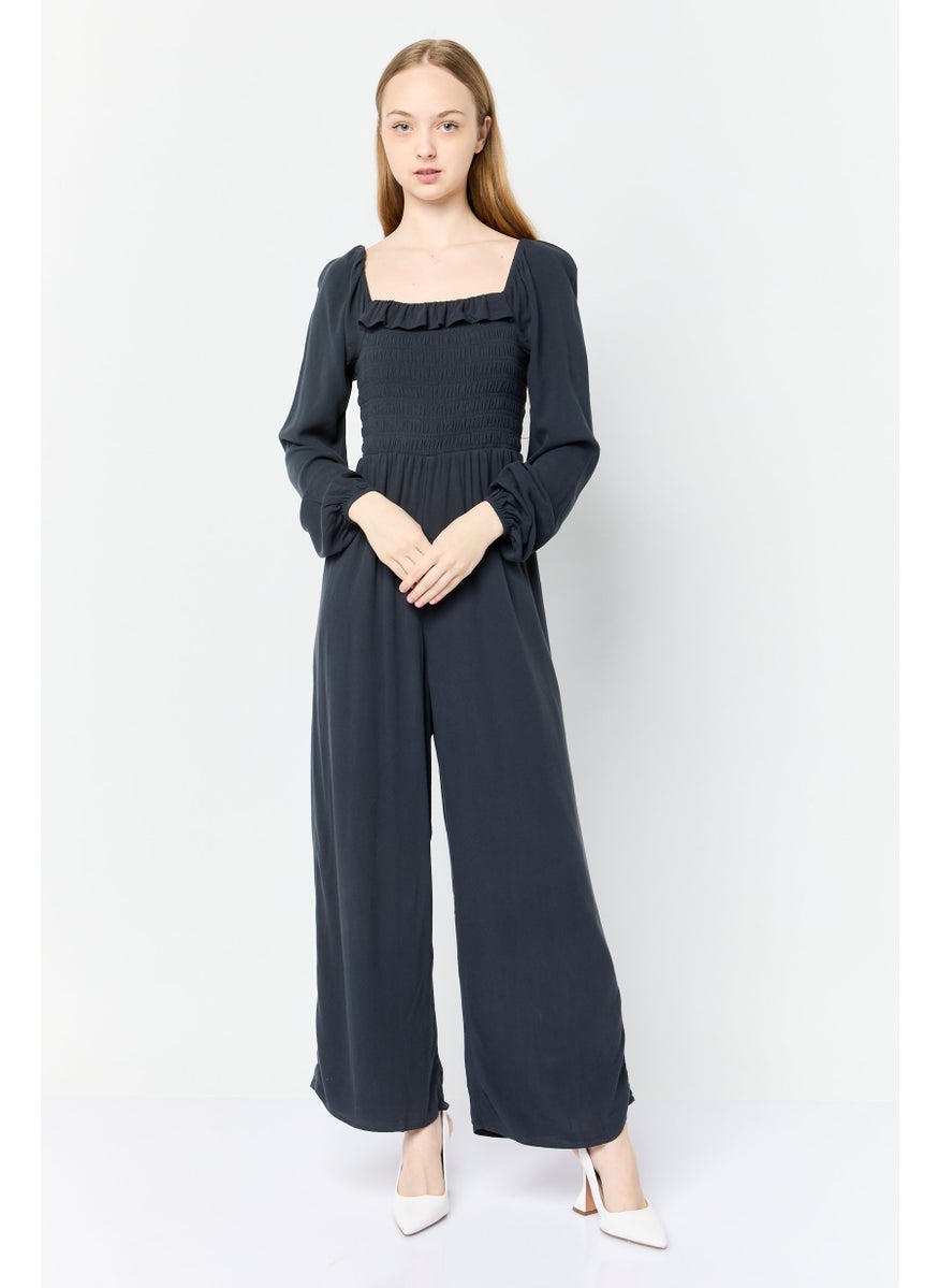 Women Textured Long Sleeves Jumpsuits, Charcoal Grey