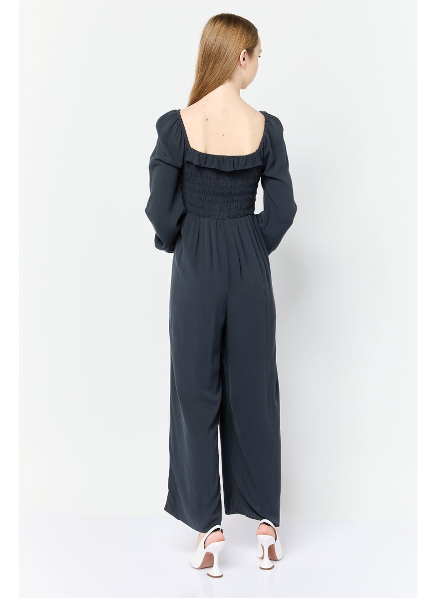 Women Textured Long Sleeves Jumpsuits, Charcoal Grey