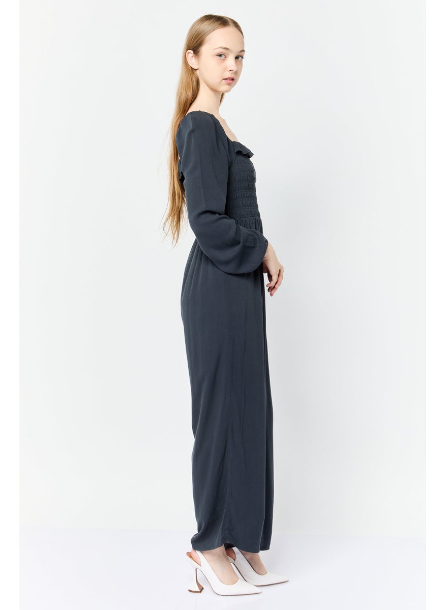 Women Textured Long Sleeves Jumpsuits, Charcoal Grey
