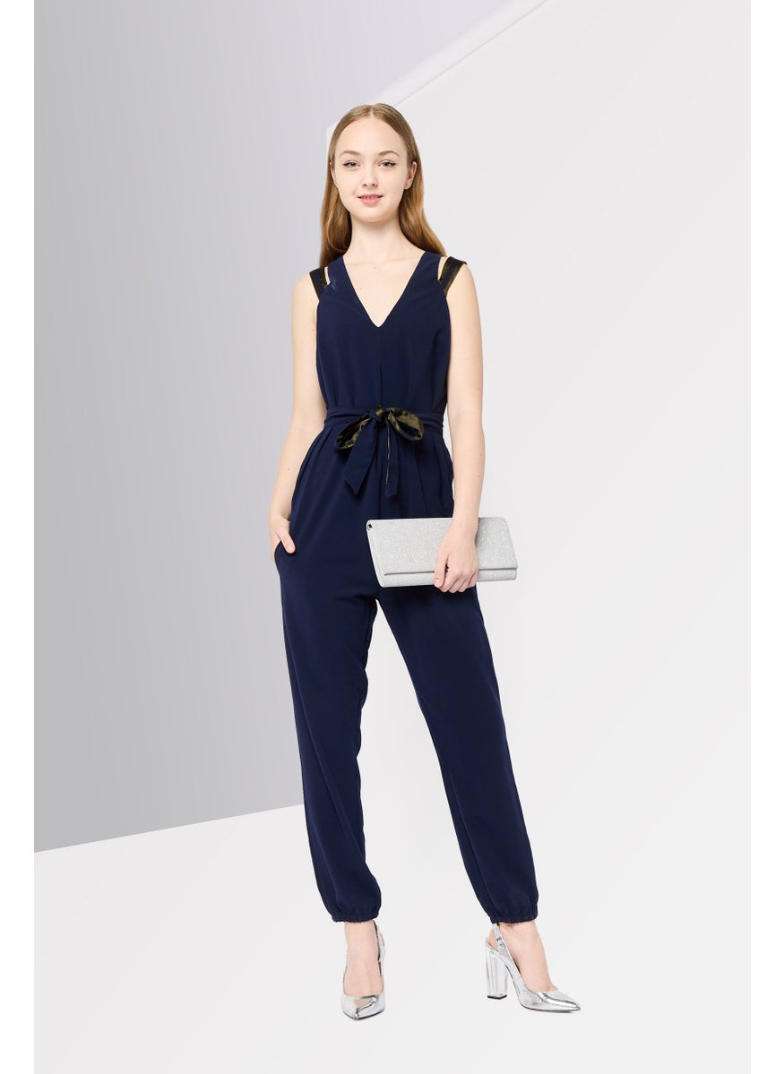 Women Plain Sleeveless Jumpsuit, Navy