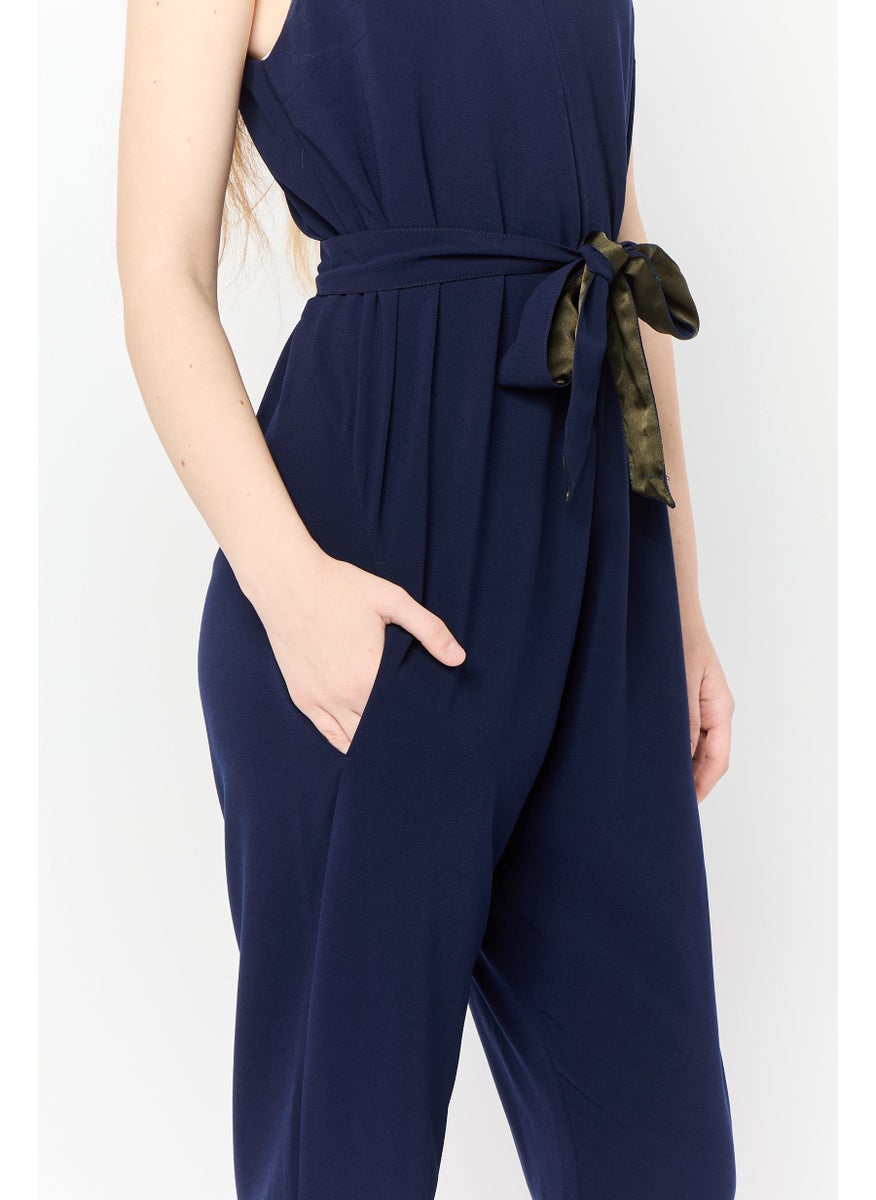 Women Plain Sleeveless Jumpsuit, Navy