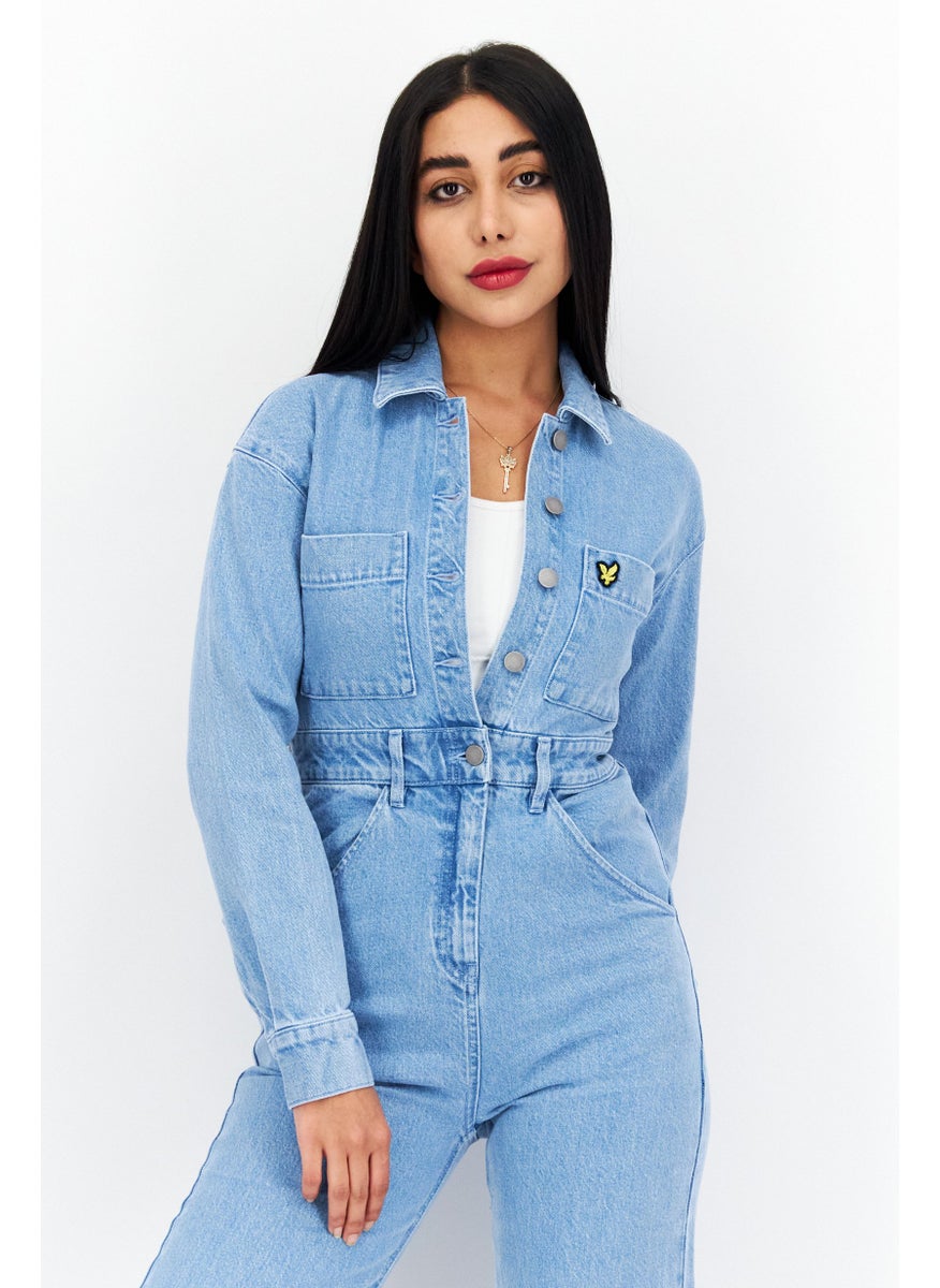 Women Washed Long Sleeve Jumpsuit, Light Blue
