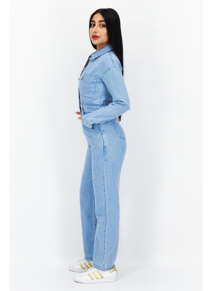 Women Washed Long Sleeve Jumpsuit, Light Blue