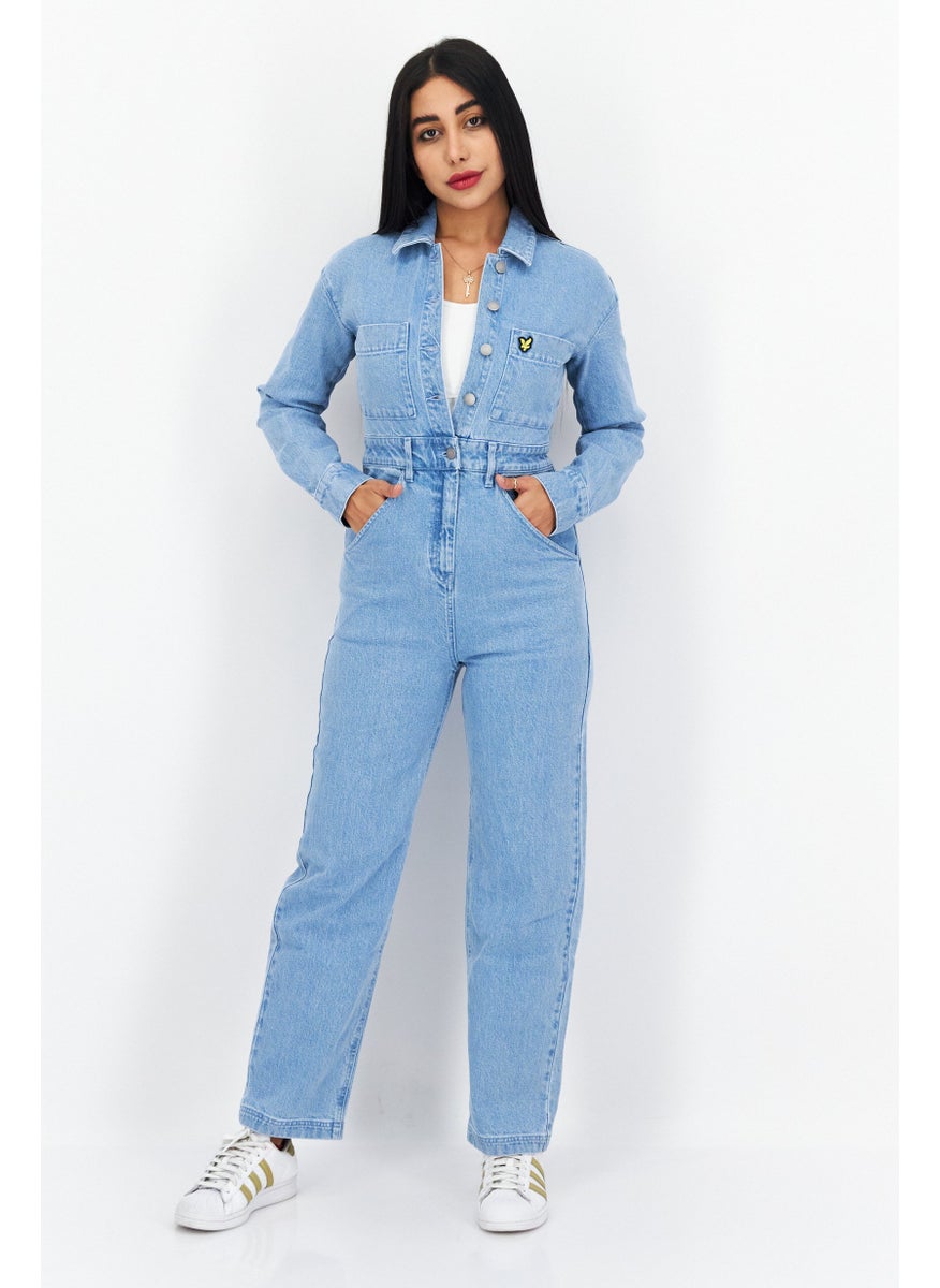 Women Washed Long Sleeve Jumpsuit, Light Blue