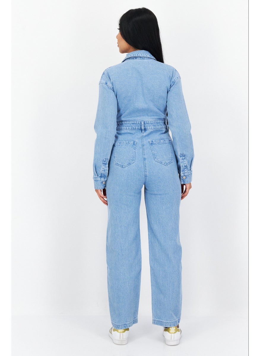 Women Washed Long Sleeve Jumpsuit, Light Blue