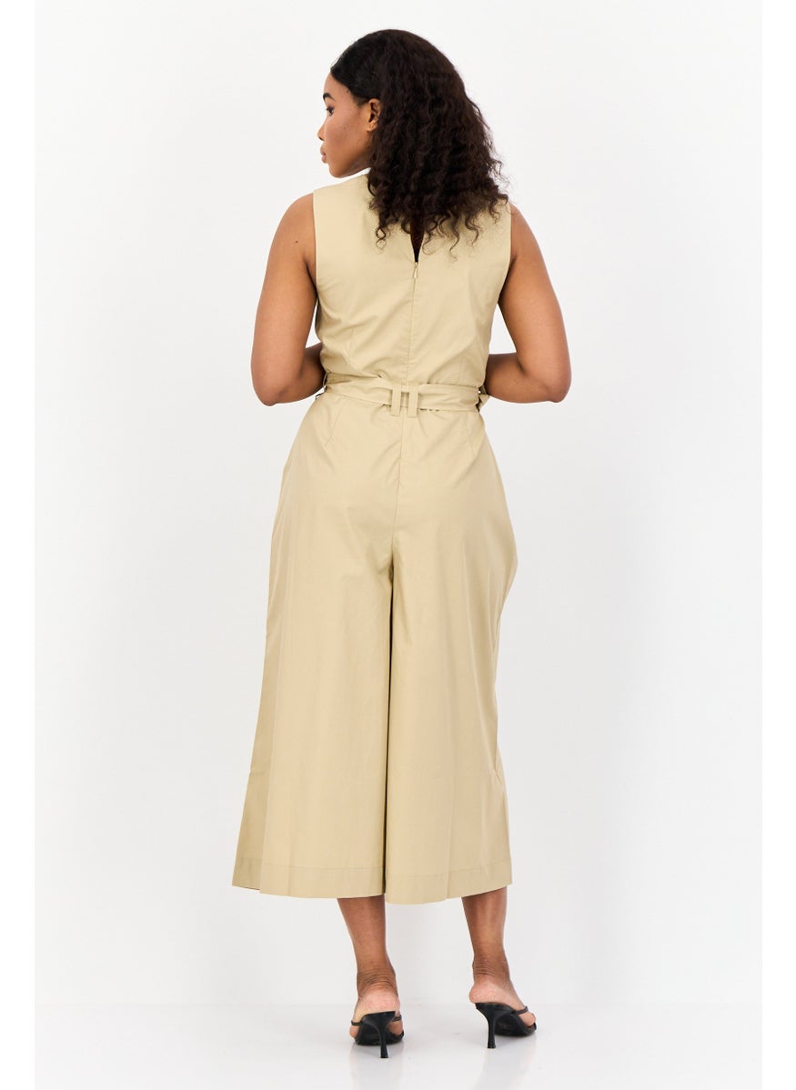 Women Solid Sleeveless Belted Jumpsuit, Tan