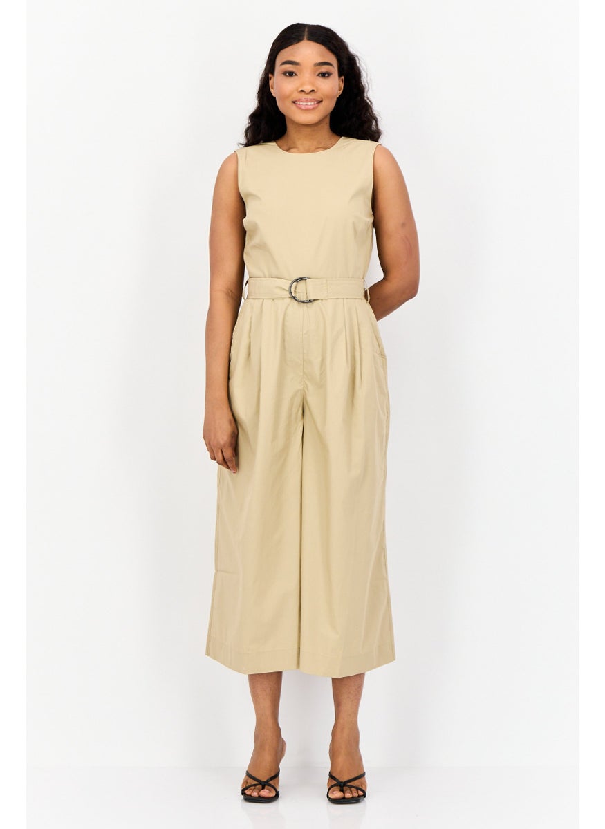 Women Solid Sleeveless Belted Jumpsuit, Tan