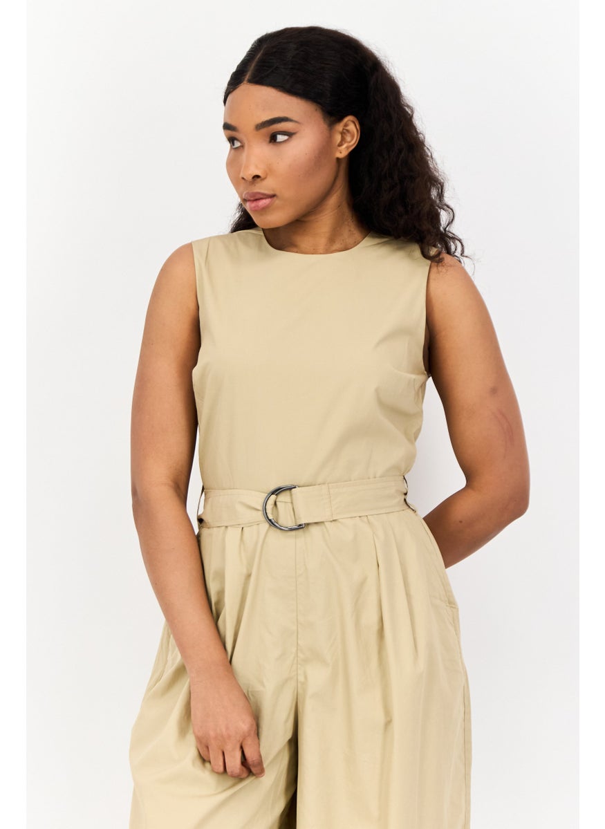 Women Solid Sleeveless Belted Jumpsuit, Tan