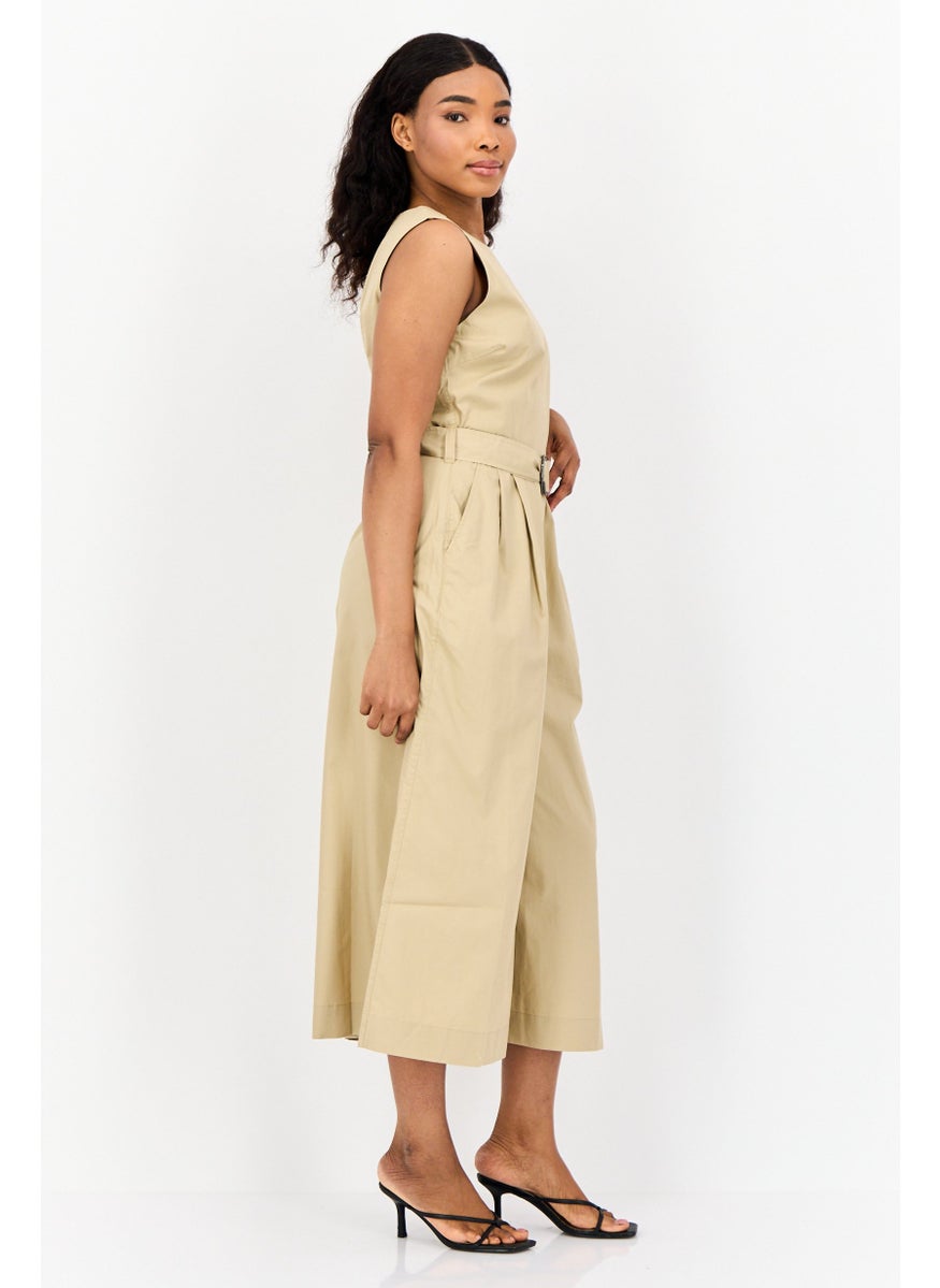 Women Solid Sleeveless Belted Jumpsuit, Tan