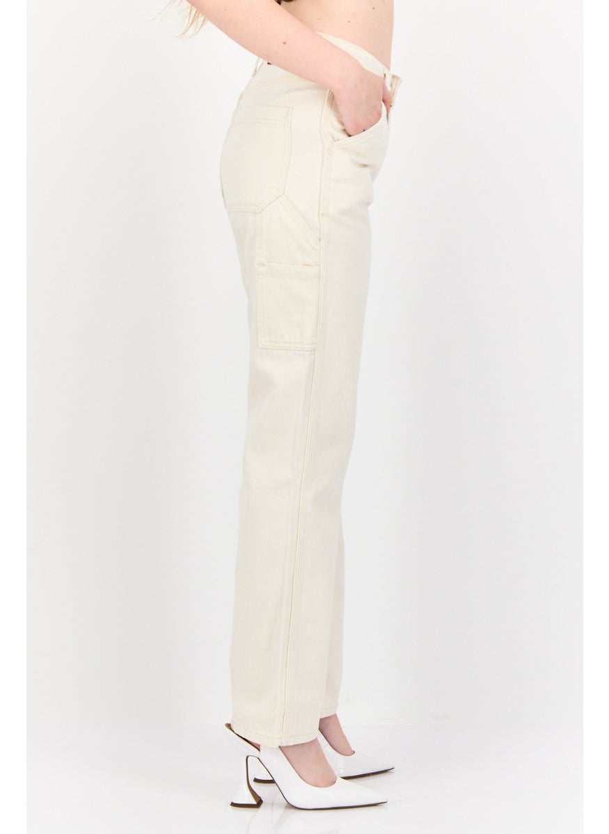Women Regular Fit Straight Leg Denim Jeans, Cream