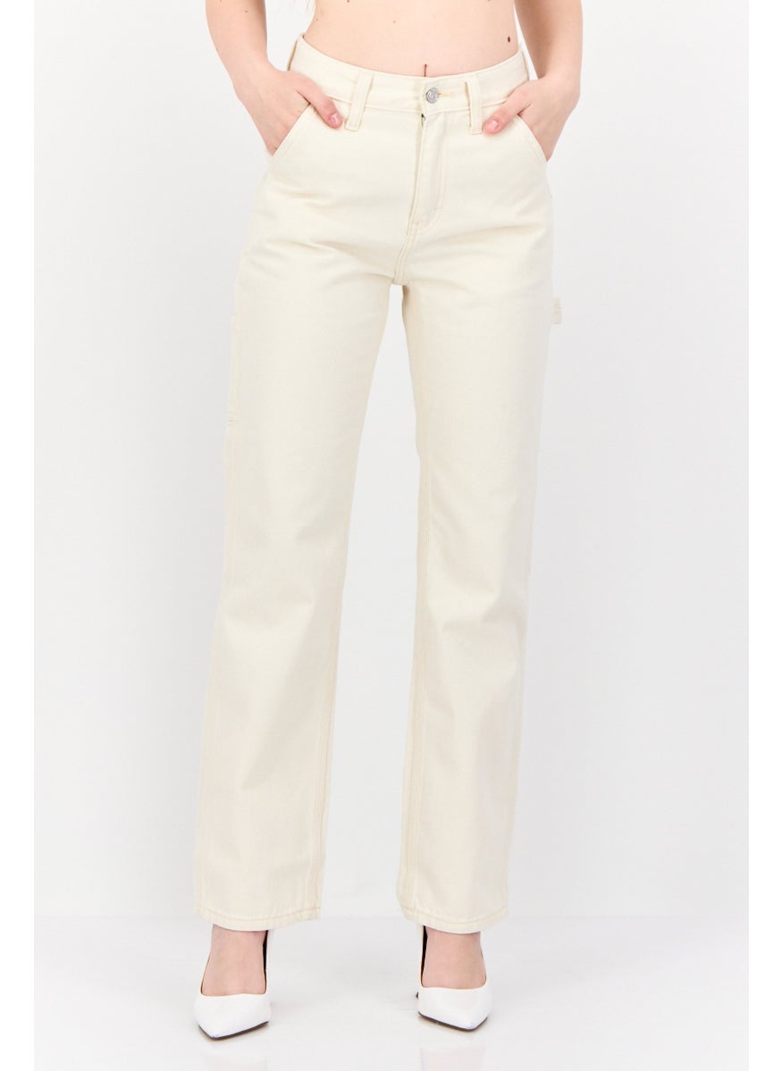 Women Regular Fit Straight Leg Denim Jeans, Cream