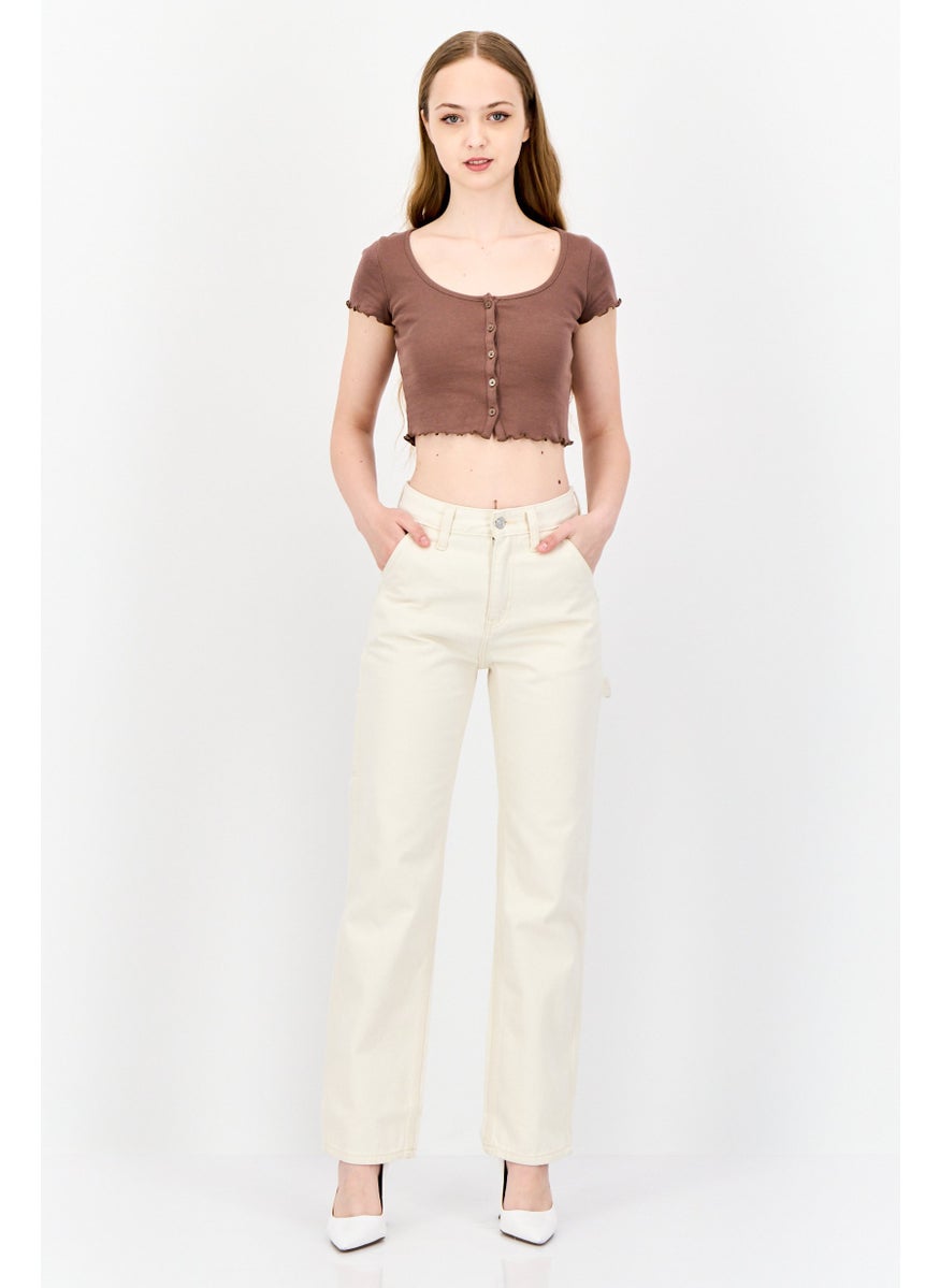 Women Regular Fit Straight Leg Denim Jeans, Cream