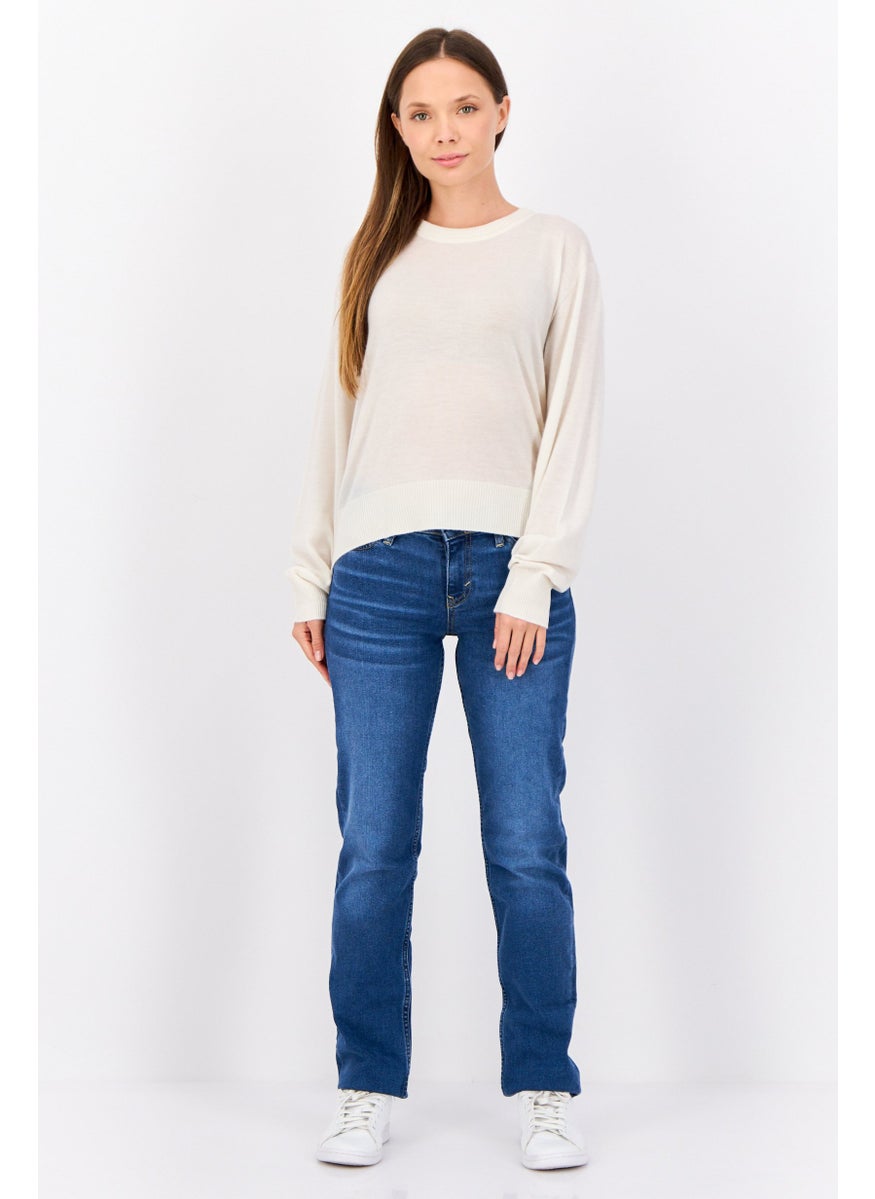 Women Crew Neck Plain Sweater, Ivory