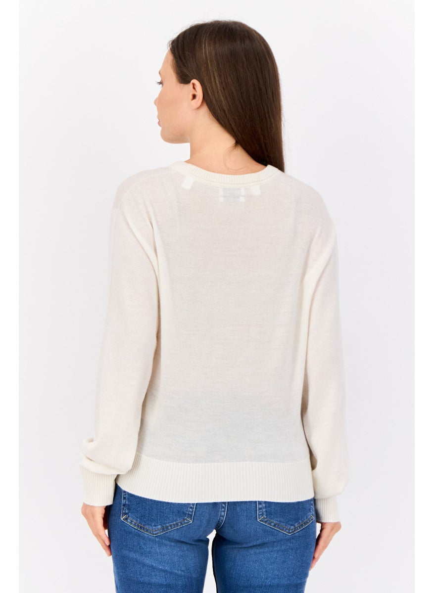 Women Crew Neck Plain Sweater, Ivory