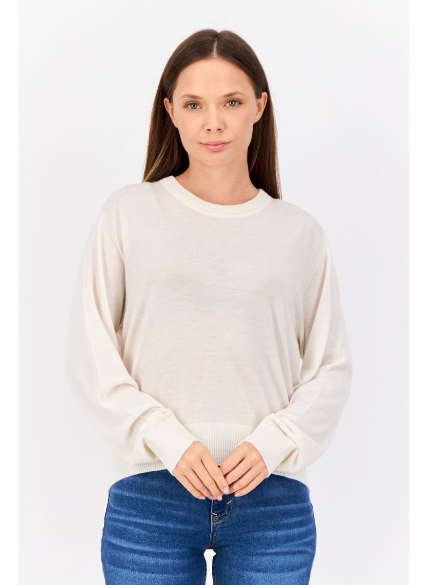 Women Crew Neck Plain Sweater, Ivory