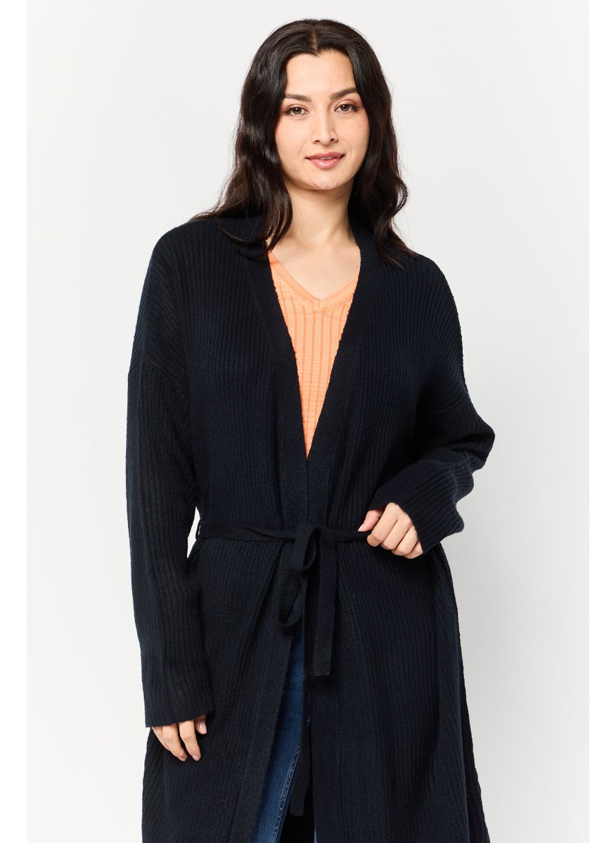 Women Knitted Belted Cardigans, Navy