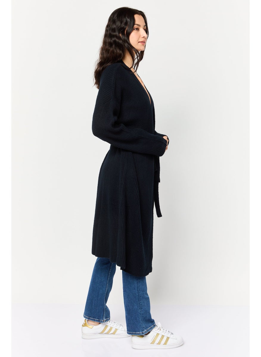 Women Knitted Belted Cardigans, Navy