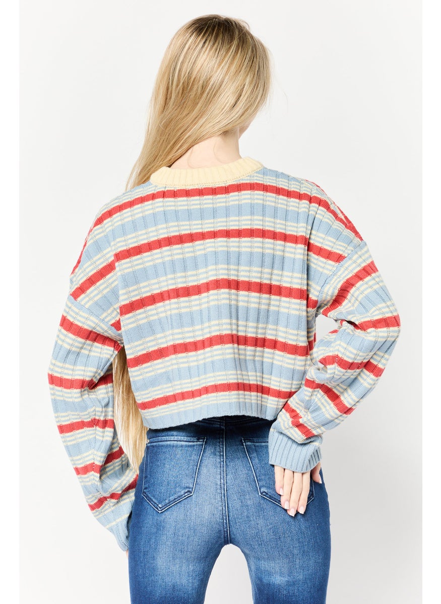 Women Crew Neck Yarn Dye Sweater, Multicolor