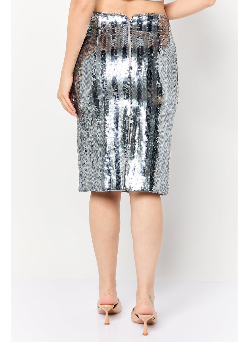 Women Sequin Midi Skirt, Silver