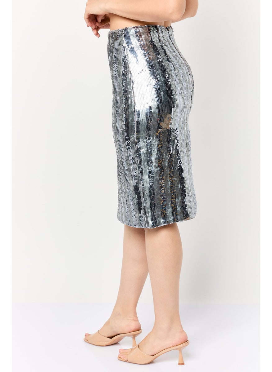 Women Sequin Midi Skirt, Silver
