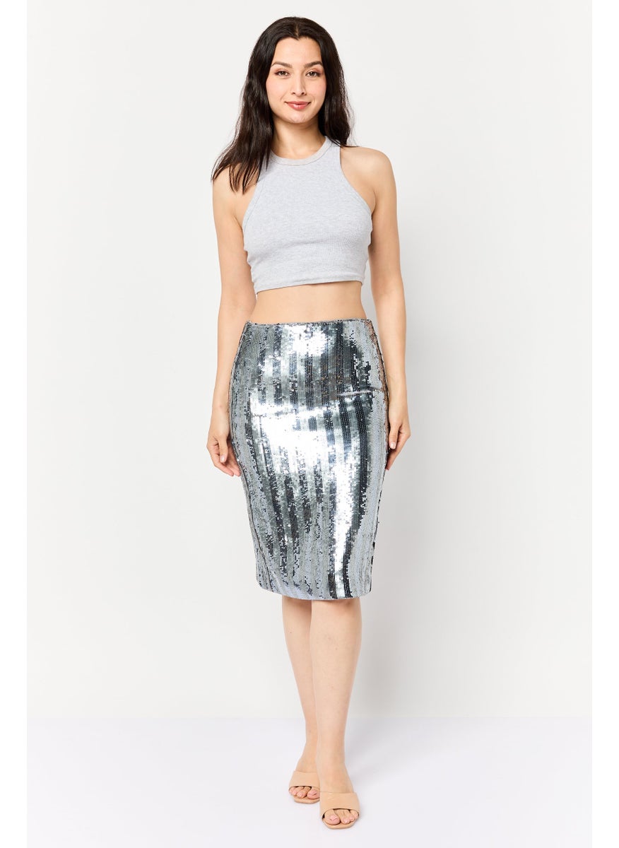Women Sequin Midi Skirt, Silver