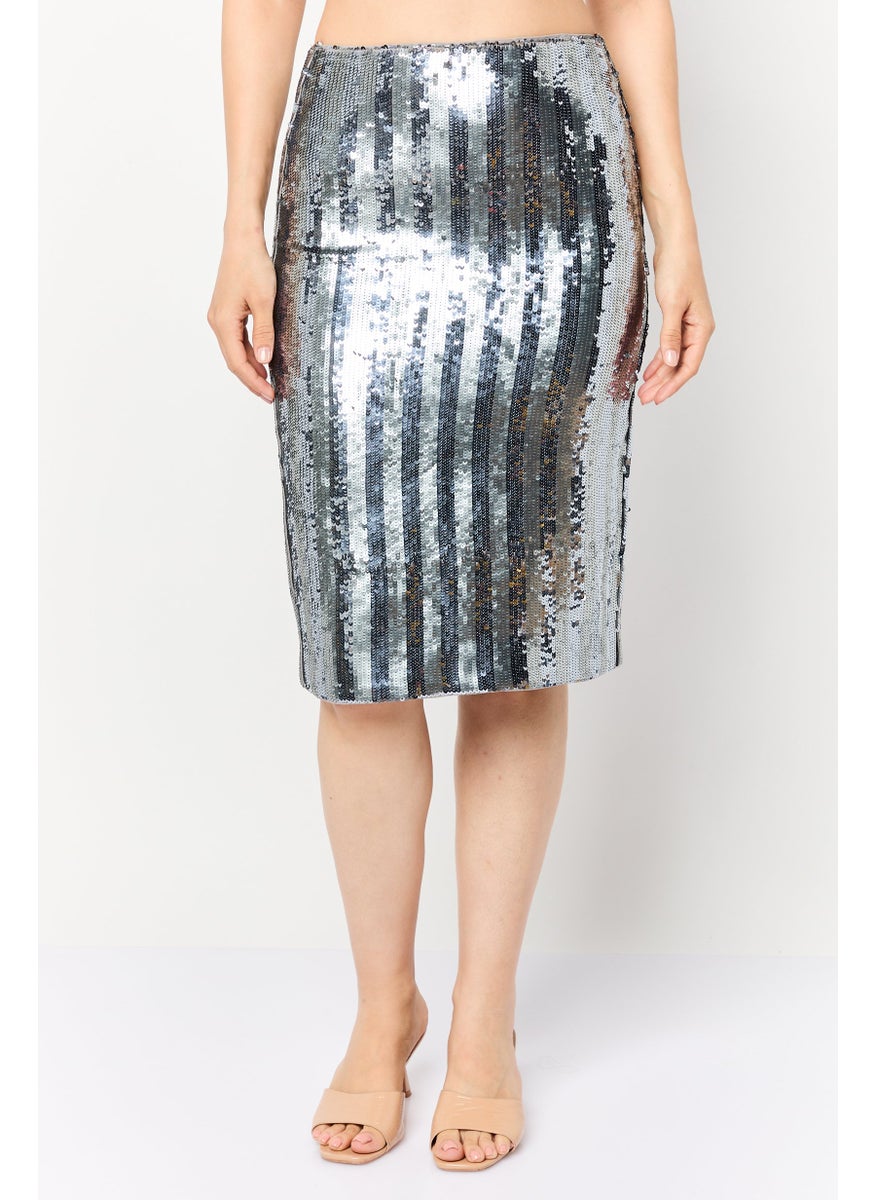 Women Sequin Midi Skirt, Silver
