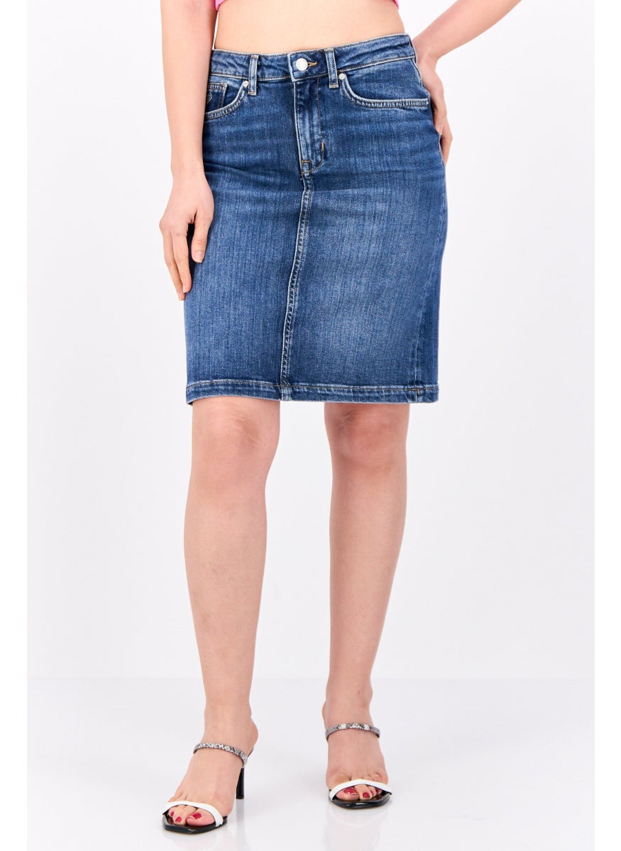 Women Washed Denim Mini Skirt, Blue