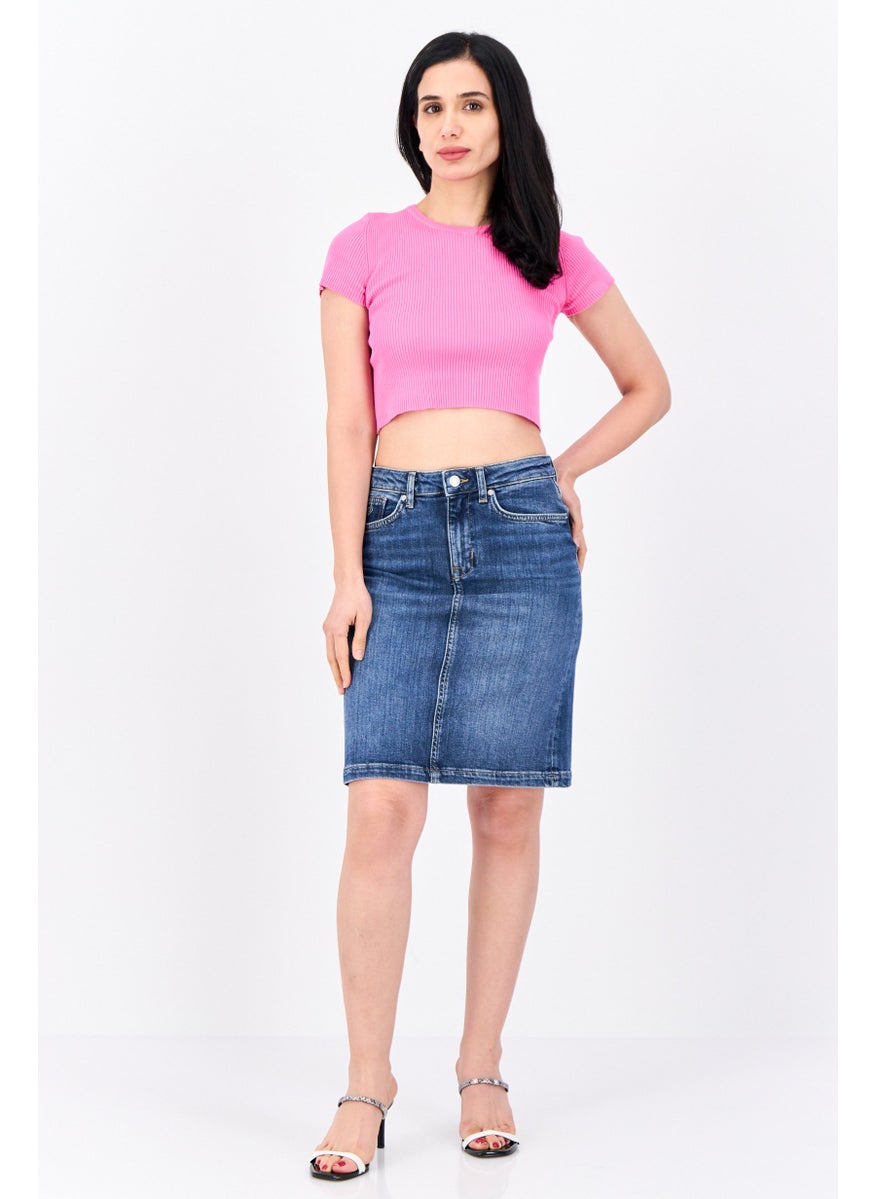 Women Washed Denim Mini Skirt, Blue