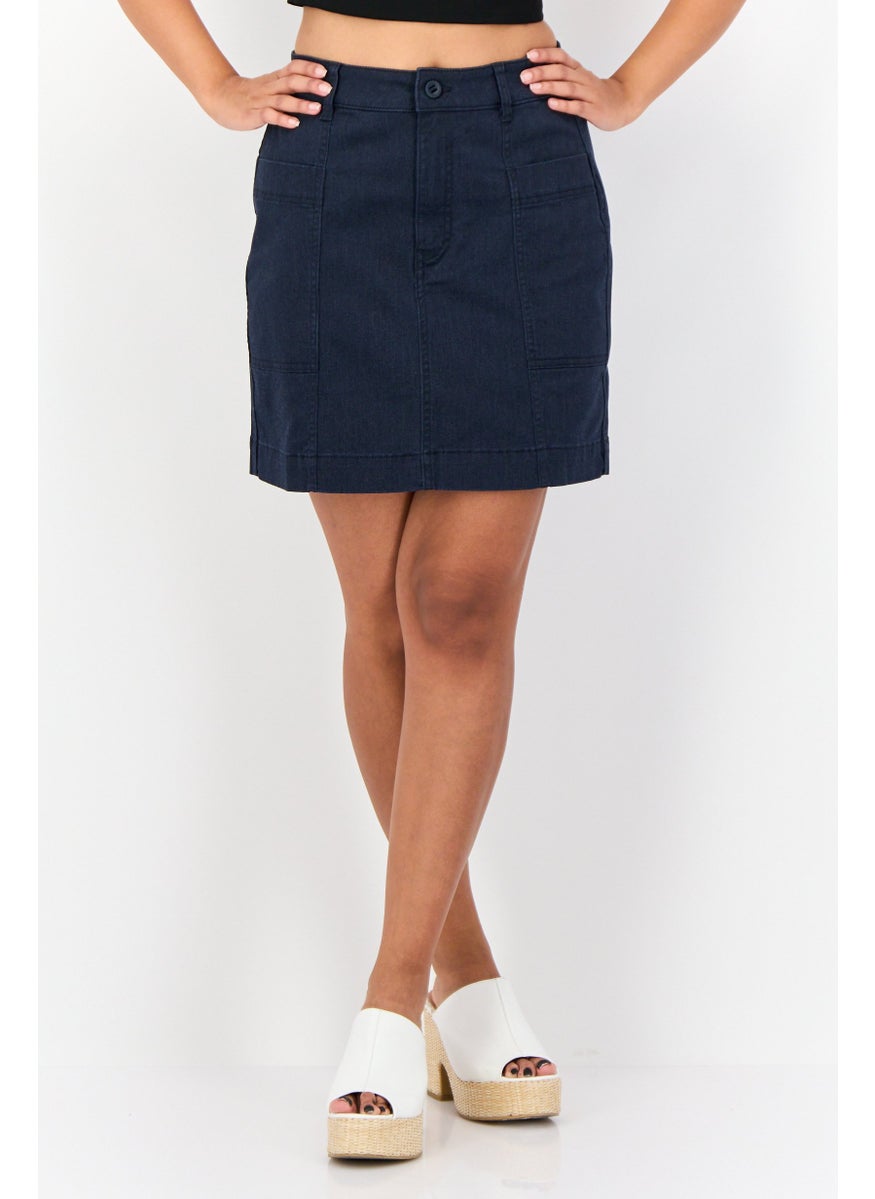 Women Washed Denim Mini Skirt, Navy
